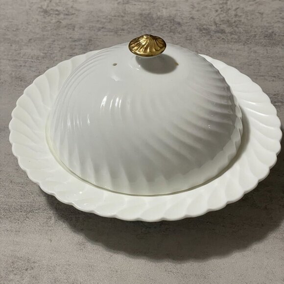 Minton Early 20th C. White Porcelain Domed Covered Cheese Butter Dish Gold Knob - Picture 2 of 7